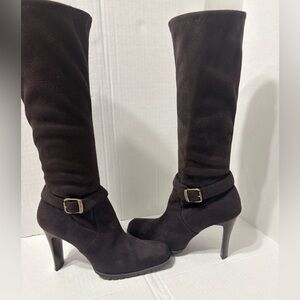 Vintage Candie’s Chocolate Brown Faux Suede Stretch Knee High Heeled Boots. 7